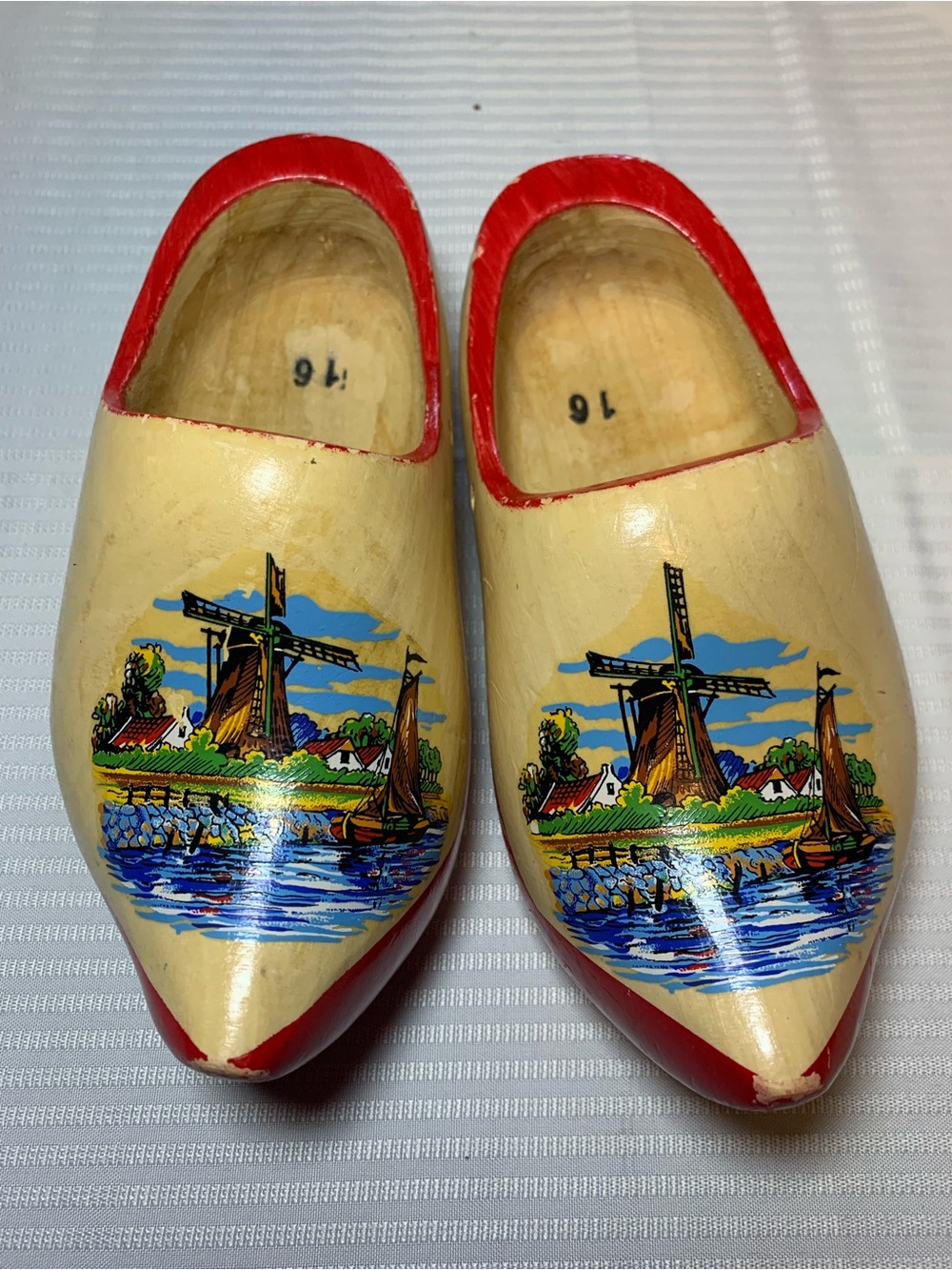 Vintage Traditional Dutch Wooden Clogs Cream and Red with Scenic Windmill Design